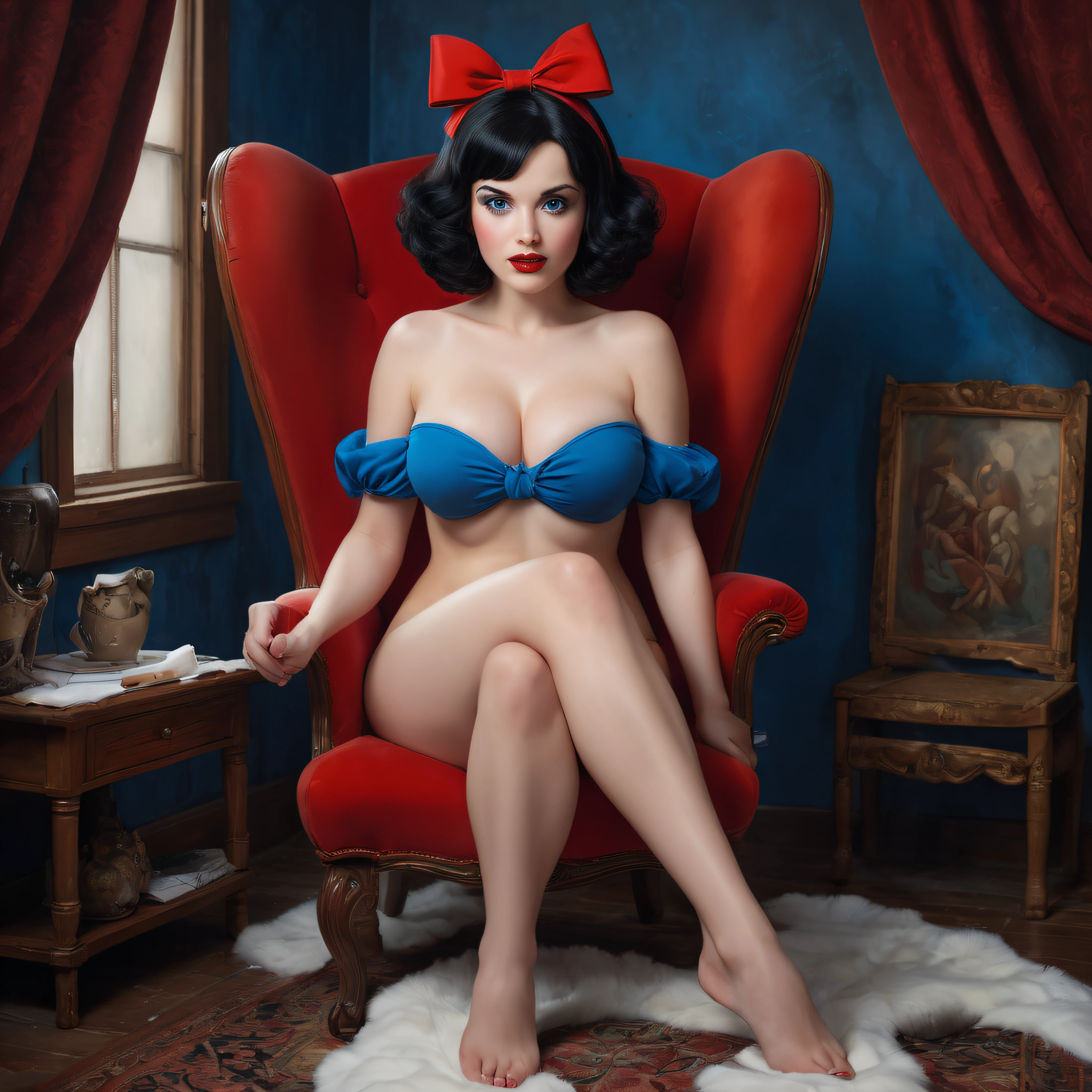Full body portrait, head to toe, Snow White, completely naked, great big, giant, humongous, oversized tits, bright blue eyes, short, crew-cut, black hair, red bow in hair, tender features, slender, sitting in a red cushioned, high-backed chair with her legs spread open, dark, stained wall in the background, oil painting in the art style of Leonardo De Vinci, 3D, 32k UHD, Hyper realistic, photorealistic, extremely colorful, vibrant, photorealistic, realistic, sharp, highly detailed, professional quality, beautiful, awesome, majestic, superb, trending on artstation.