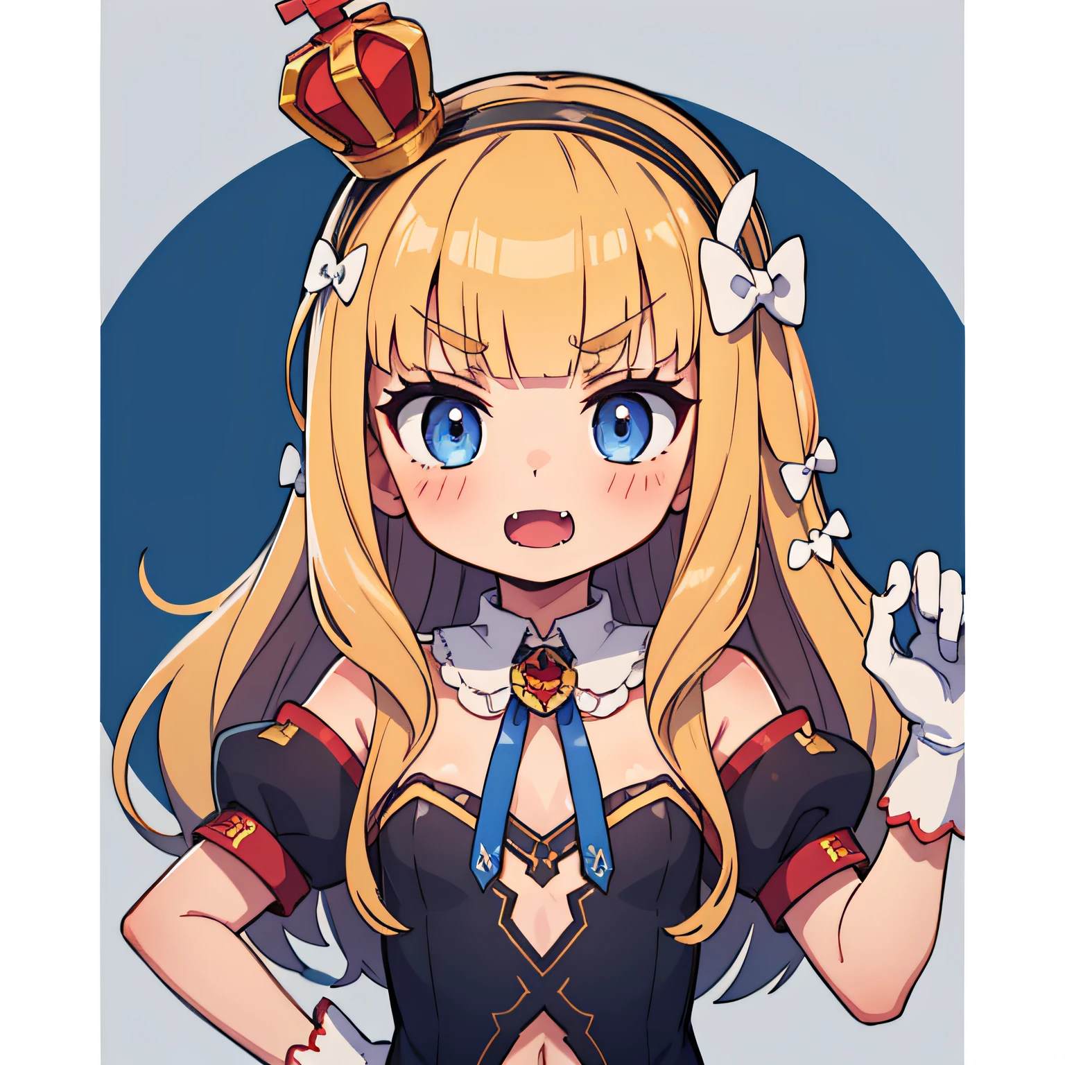 chibi, SD,(masterpiece, best quality:1.2),illustration,8k,hd,1girls,solo,upper body,(portrait:1.2),blonde_hair,long_hair,blue_eyes,hairband,mini_crown,hair_bow,bangs,black_hairband,small_breasts,white_bow,very_long_hair,gloves,white_gloves,white_thighhighs,dress,fang,scepter,covered_navel,detached_sleeves,flat_chest,v-shaped_eyebrows,zettai_ryouiki,detached_collar,full_body,ribbon,