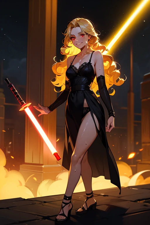 a beautiful jedi woman wearing a black lace nightgown in a jedi temple at night, black lace nightgown holding a lightsaber in one hand, confident grin, glowing red eyes, blonde curly hair, long curly hair, black bracers, black panties, walking through dark jedi temple halls, sweaty body, night sky