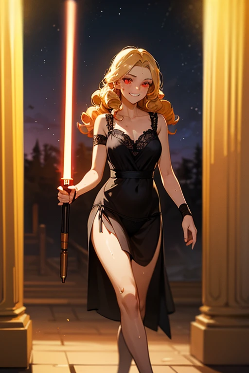 a beautiful jedi woman wearing a black lace nightgown in a jedi temple at night, black lace nightgown holding a lightsaber in one hand, confident grin, glowing red eyes, blonde curly hair, long curly hair, black bracers, black panties, walking through dark jedi temple halls, sweaty body, night sky