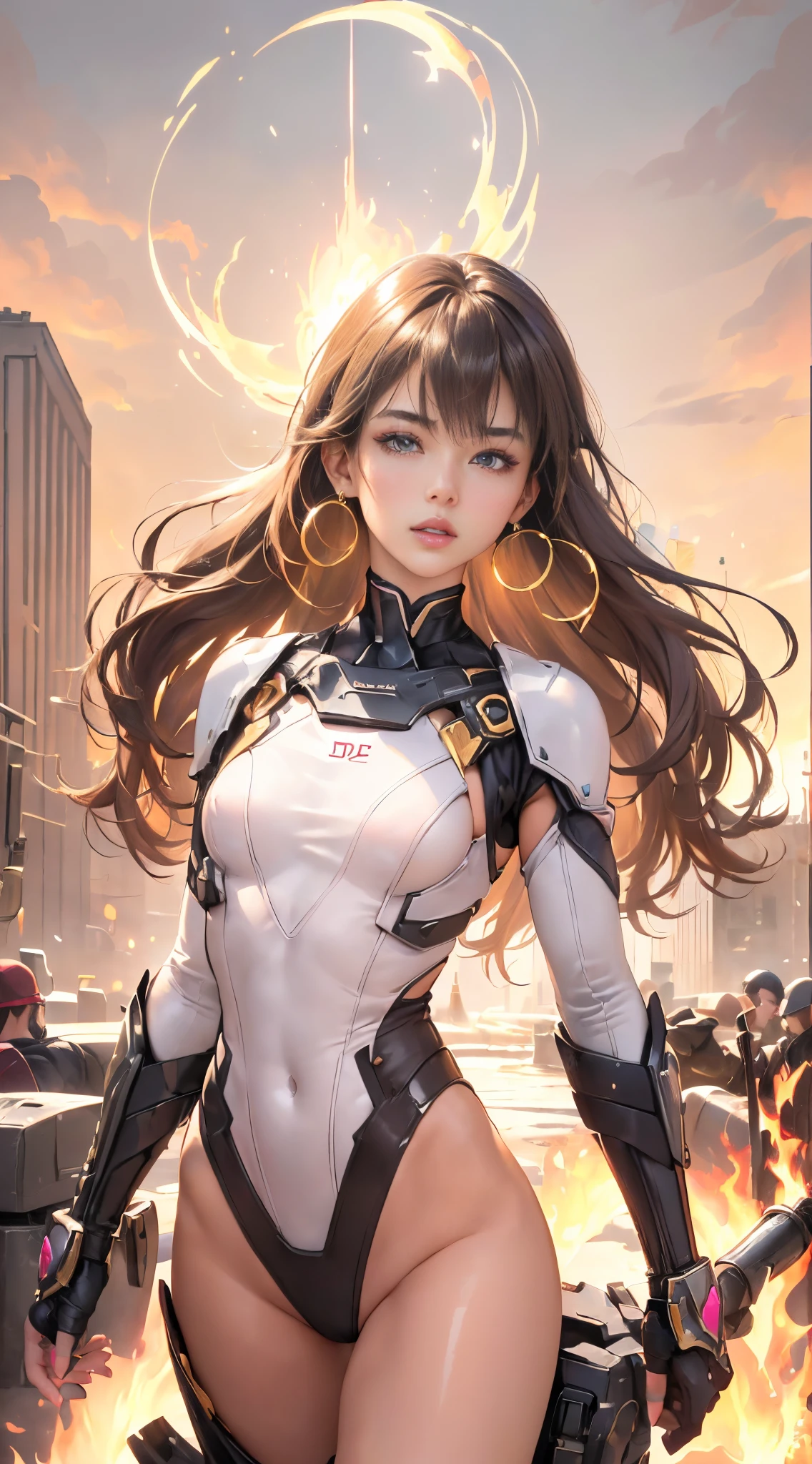 (8K、Raw photography)、(1girl in:1.3)、Look at viewers、(exoskeleton suit、Maven、Average Height、Toned waist、Round face、Olive skin、Brunette hair、Blue eyes、a blond、straight haired、wavy straight hair、(C cup with firmness)、(small and beautiful pink areola,,,)、(Various poses)、(battle field)、(Flames rise)、Threader earrings、Golden、Matte lipstick、(Big cities of the near future)、(masterpiece、top-quality、Detailed shiny skin:1.2)、