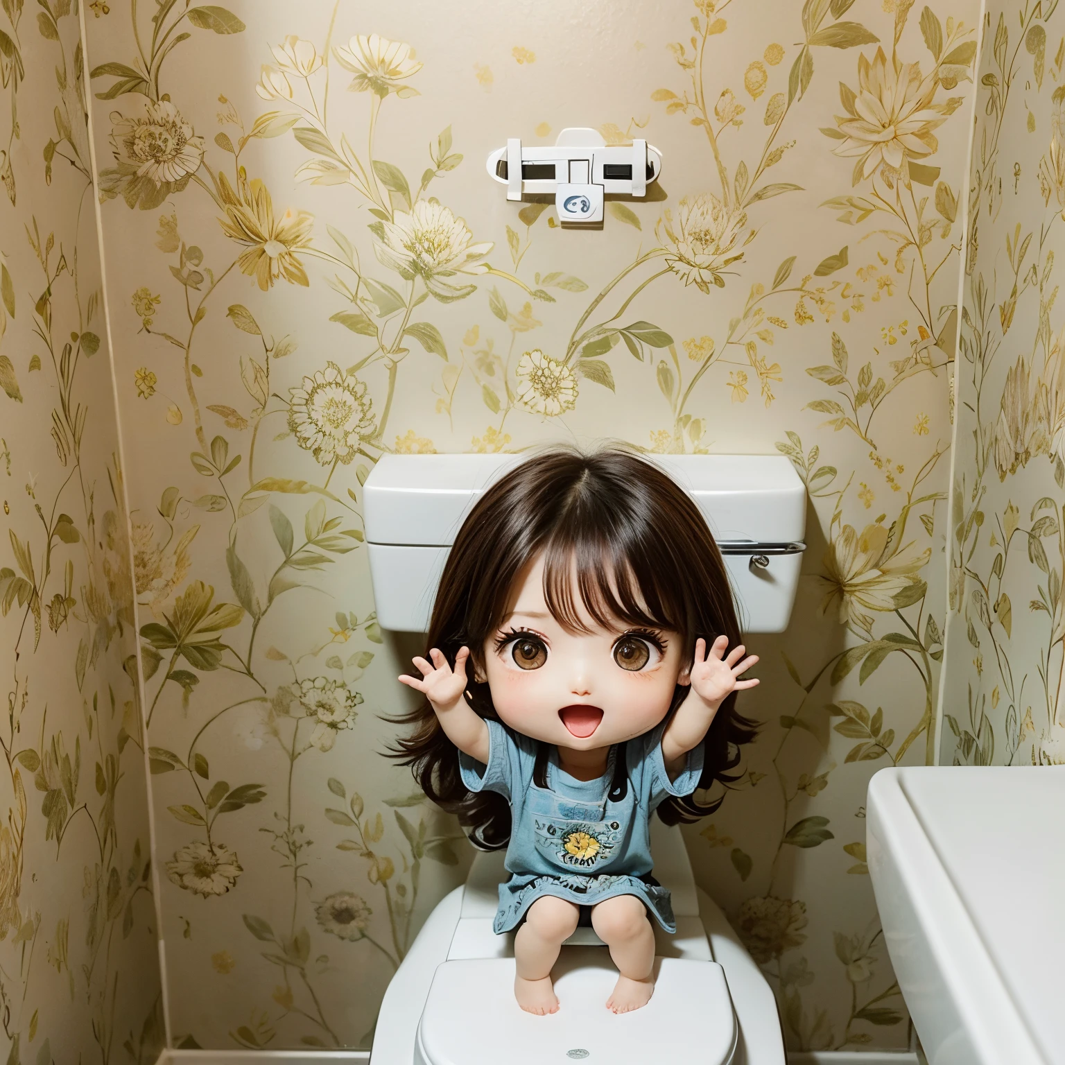 ​masterpiece、top-quality、ultra-detailliert、(Chibi Chara's Daughter:1.2)、Toilet room、Sit on the toilet、Prayer Hands、closing eye、The wallpaper is William Morris&#39;wild chrysanthemum wallpaper.