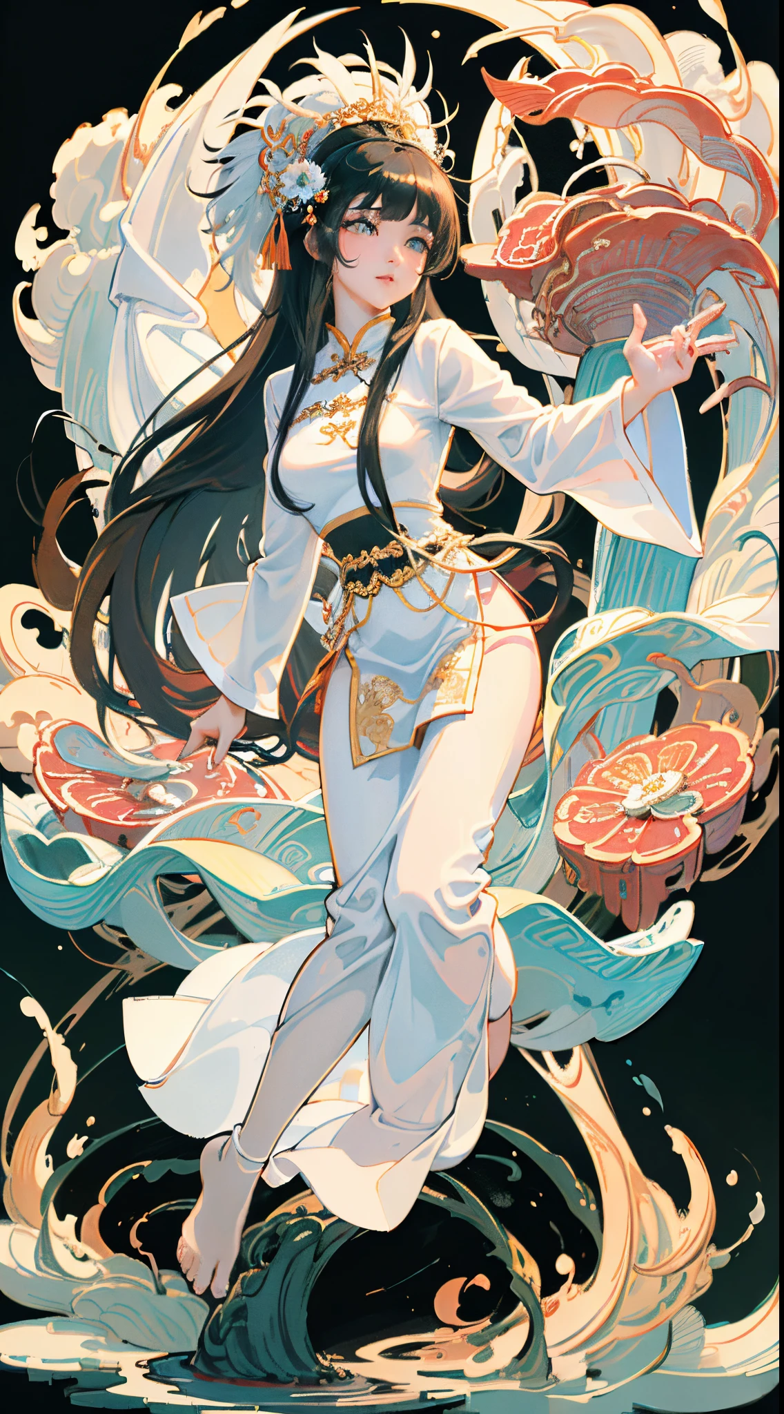 ((High-quality CG, Chinese painting style), (female one), full body picture, a beautiful fairy dancing in the magnificent sky, beautiful and gorgeous posture, beautiful appearance like a flower, dressed in gorgeous Burmese clothes, like the first bloom of snow lotus, green eyes shining with happiness, full of light, brilliant magic array surrounding, containing oriental aesthetics, gorgeous fairy clothes, exquisite posture,black long hair like a waterfall, white light flashing, dreamy clouds.