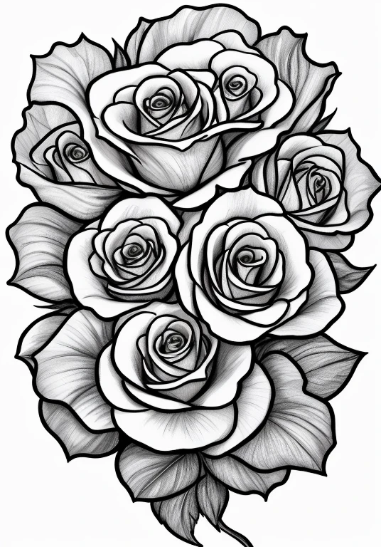 a drawing of a bunch of roses with leaves, black and white vector art, drawn with photoshop, roses, decorative roses, black and white artwork, detailed flowers, translucent roses ornate, ink artwork, high quality sketch art, a few roses, clean detailed art, sketch black and white colors, black and white drawing, tattoo design, realism tattoo drawing, black and white coloring
