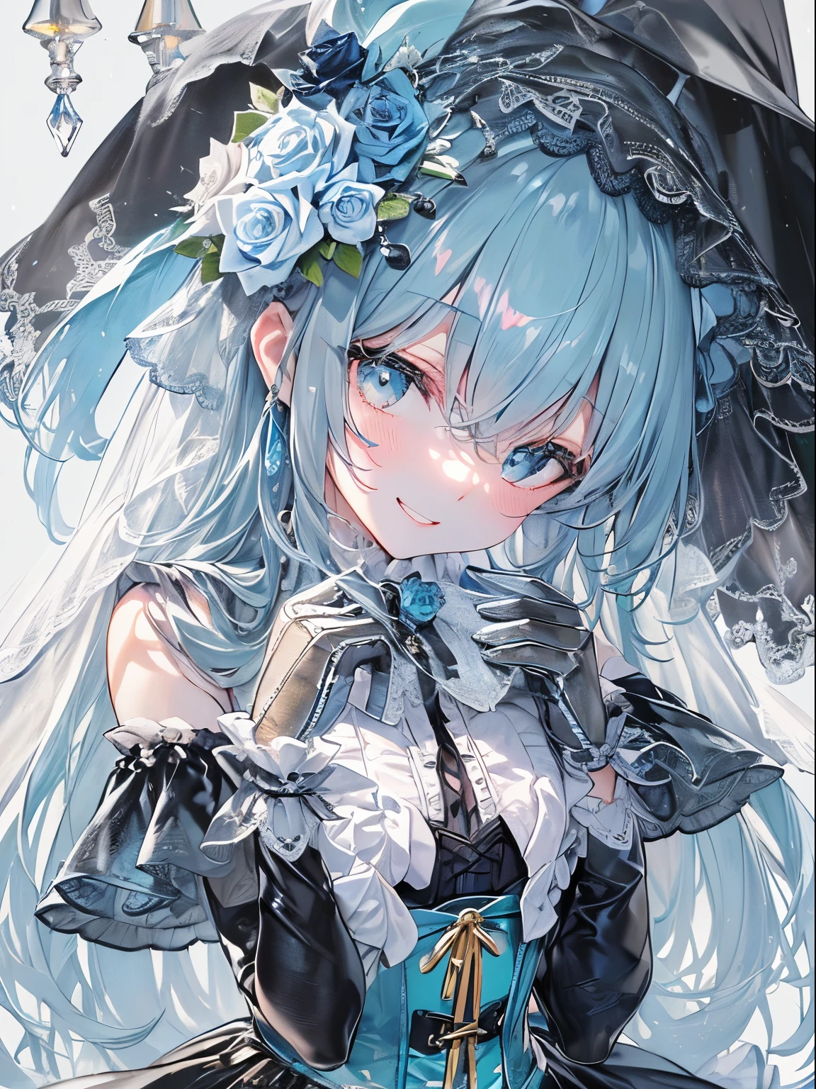 absurderes,hight resolution,ultra-detailliert,1girl in,a closeup、(Light blue and black theme:1.3), ((Gothic ****ta, Black Wedding Dresses):1.2), (Black See-Through Wedding Veil:1.4), ((Black Latex Corset, Light Blue Breasted Cup):1.4), (shortsleeves:1.3), ((White collar, Taibo):1.3), ((frills skirt, Multi-layer skirt):1.4), ((Stockings, Garter Belt):1.3), (Long gloves:1.2), (Blue rose decoration on the head:1.3),、A smile、Sunny days、Sparkling eyes、pale ultramarine throughout,,,,,,,,Wearing a golden glow、Look at viewers