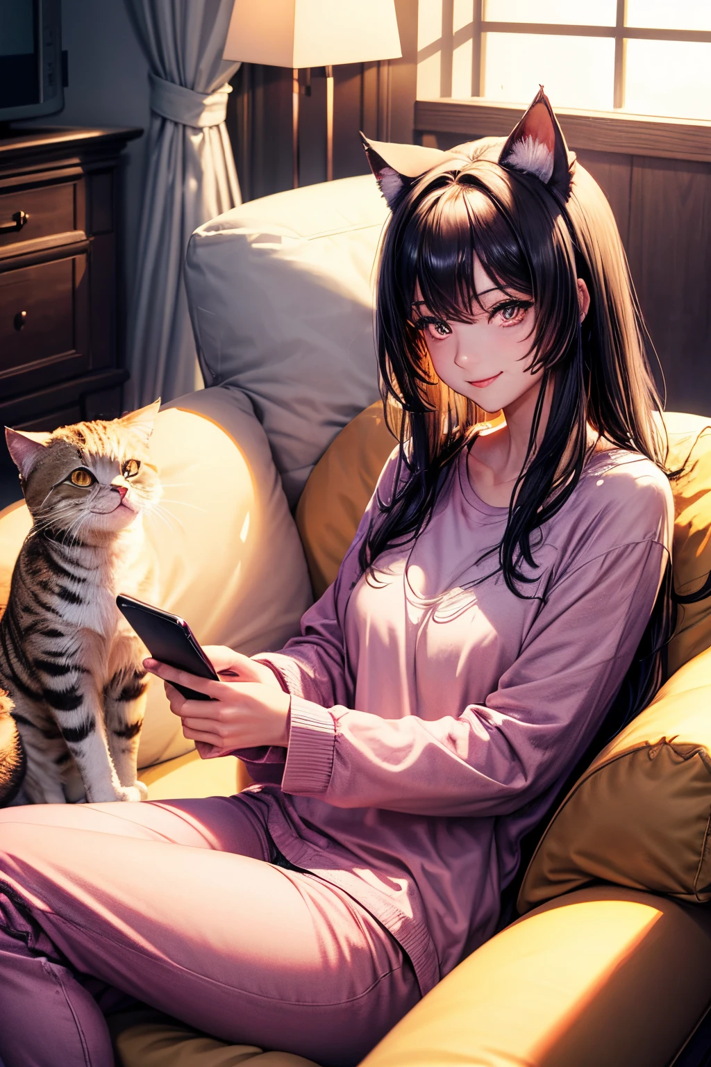 Top quality, high resolution, perfect human anatomy, background focus, front view, glowing hair, glowing eyes, cat ears, living room, loungewear, jeans, sitting in chair, phone, looking at phone, medium chest, happy smile, gradient eyes, swept bangs,