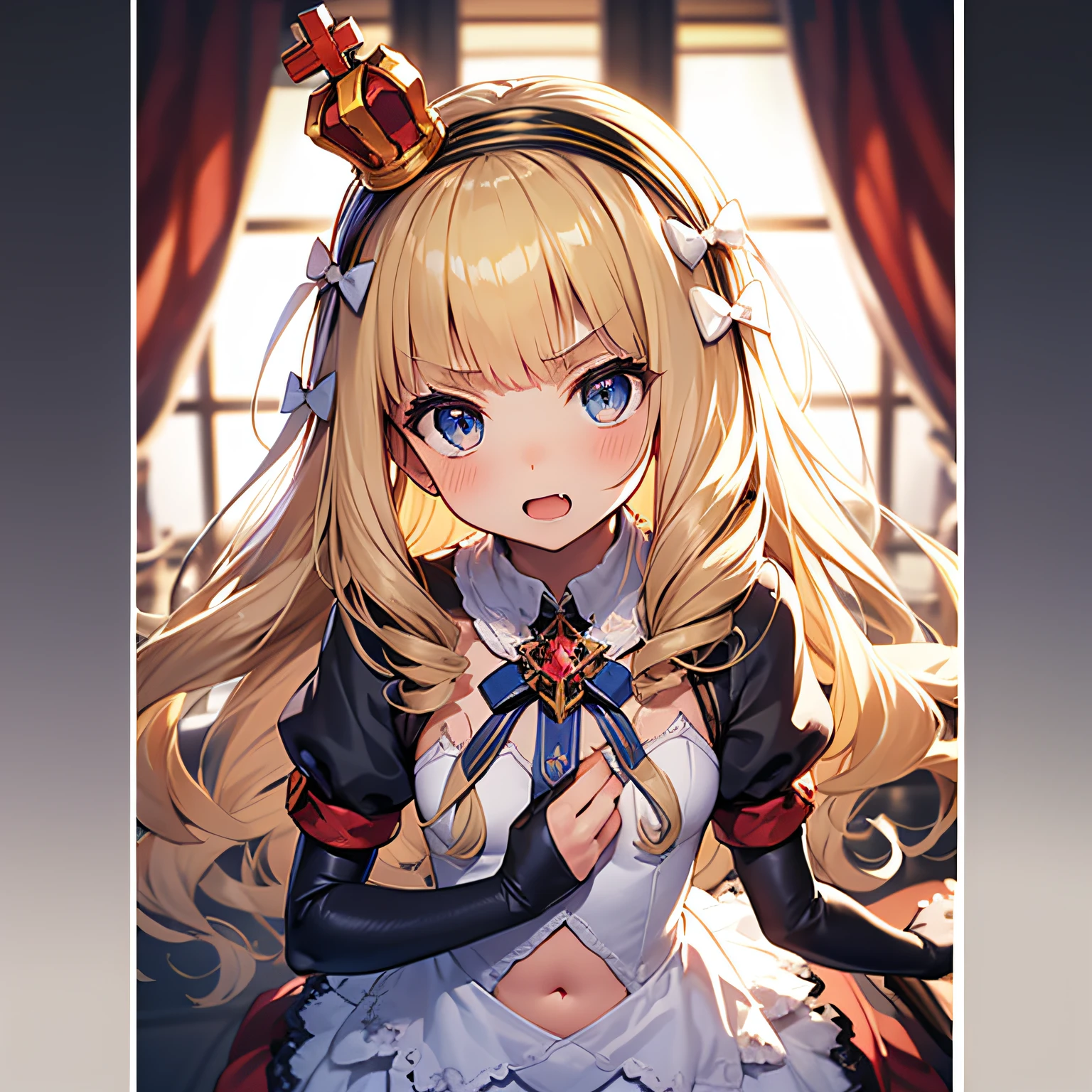 arms in arms,chibi, SD,(masterpiece, best quality:1.2),illustration,8k,hd,1girls,solo,upper body,(portrait:1.2),blonde_hair,long_hair,blue_eyes,hairband,mini_crown,hair_bow,bangs,black_hairband,small_breasts,white_bow,very_long_hair,gloves,white_gloves,white_thighhighs,dress,fang,scepter,covered_navel,detached_sleeves,flat_chest,v-shaped_eyebrows,zettai_ryouiki,detached_collar,full_body,ribbon,