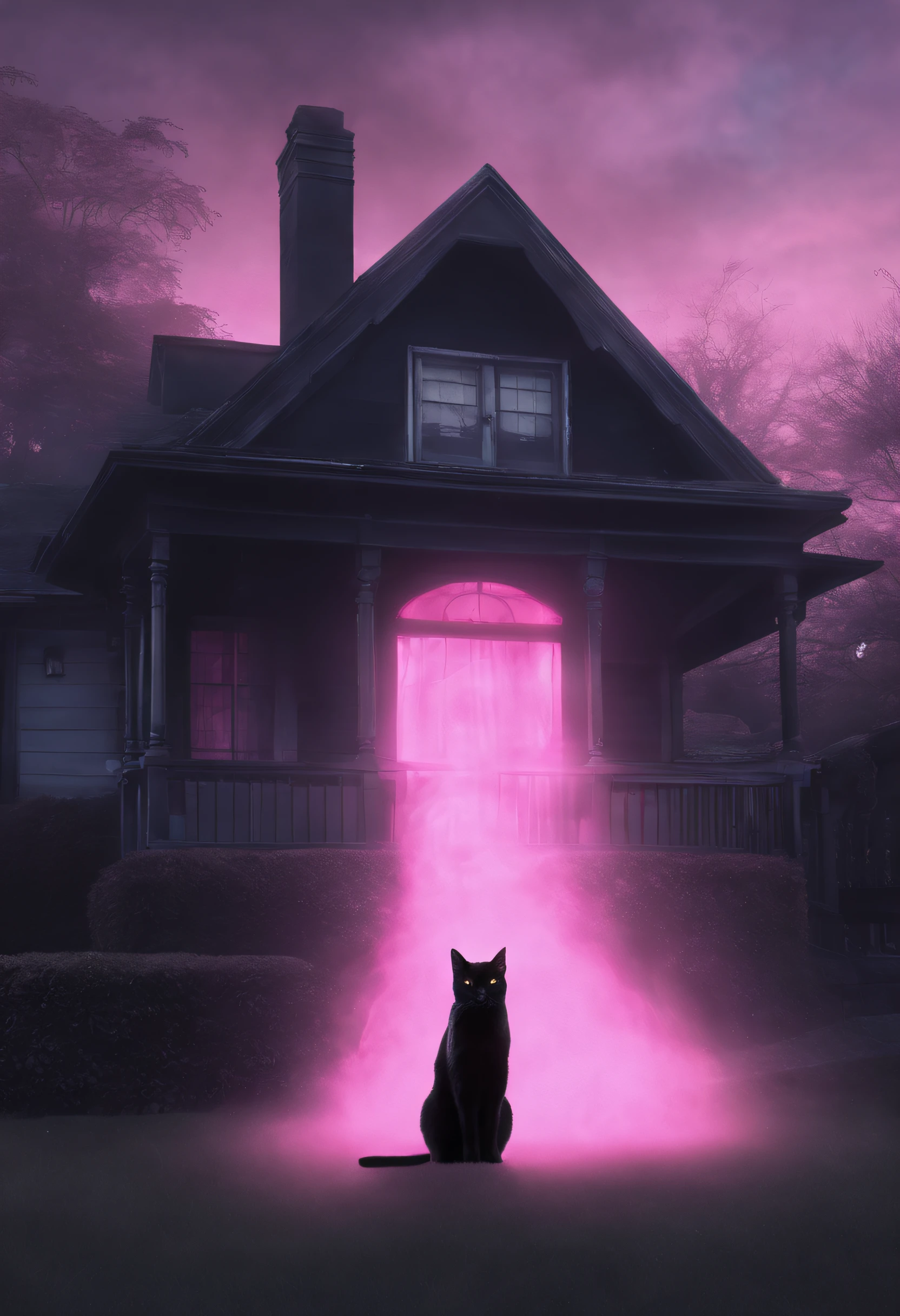 A ghost of a black cat guarding the house lawn, a black cat pink hologram texture, pink translucent spirit of a black cat, spirit of a black cat hologram, low opacity, conceptual art, ghostly form, pink fog around the spirit of the cat, glowing fog intricate ghosty black cat, photorealistic, glowing spirit black cat, photoreal, hyperrealism