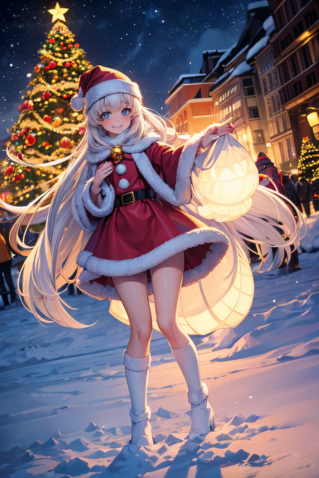 of the highest quality, High resolution, The perfect human structure, Human focus, Front view, Glowing hair, Glowing eyes, look up at viewer, Top angle, Medium chest, Happy smile, santa costume, city, Snow, Hands spread,Christmas tree, Gradient Eyes, swept bangs, Full body