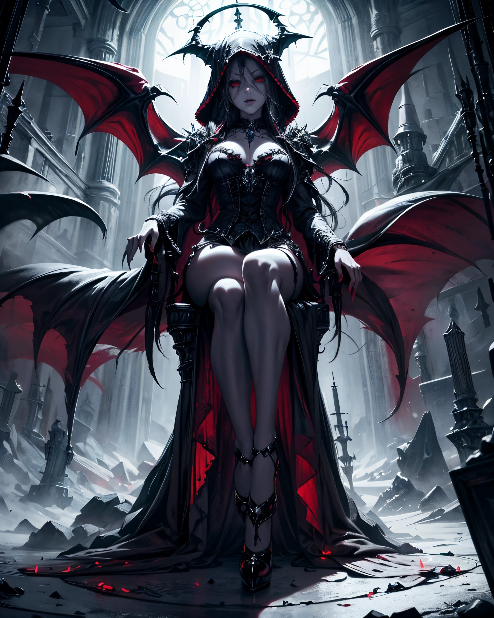 (best quality), (masterpiece), (high resolution), [:intricate details:], (detailed background) a hooded sex vampire woman sitting on a throne with skulls around her, she has red eyes,her outfit has red color, her skin is white like a vampire, dark fantasy art, vampire queen, gothic fantasy art, dark sorceress, abaddon and magali villeneuve, dark fantasy style art, epic fantasy art style hd, evil sorceress, necromancer sorceress, dark fantasy art, beautiful necromancer, (sage aura effect around the throne)