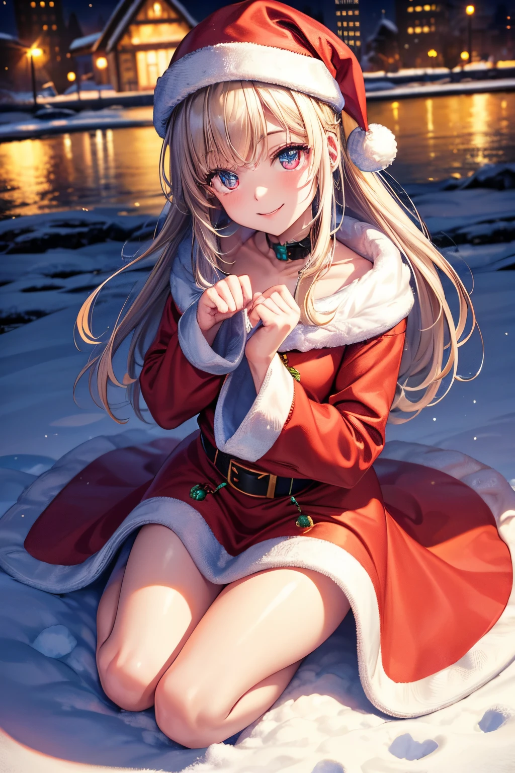 of the highest quality, High resolution, The perfect human structure, Human focus, Front view, Glowing hair, Glowing eyes, look up at viewer, Top angle, Medium chest, Happy smile, santa costume, city, Snow, PAW Pose, Sitting, Gradient Eyes, swept bangs, Full body