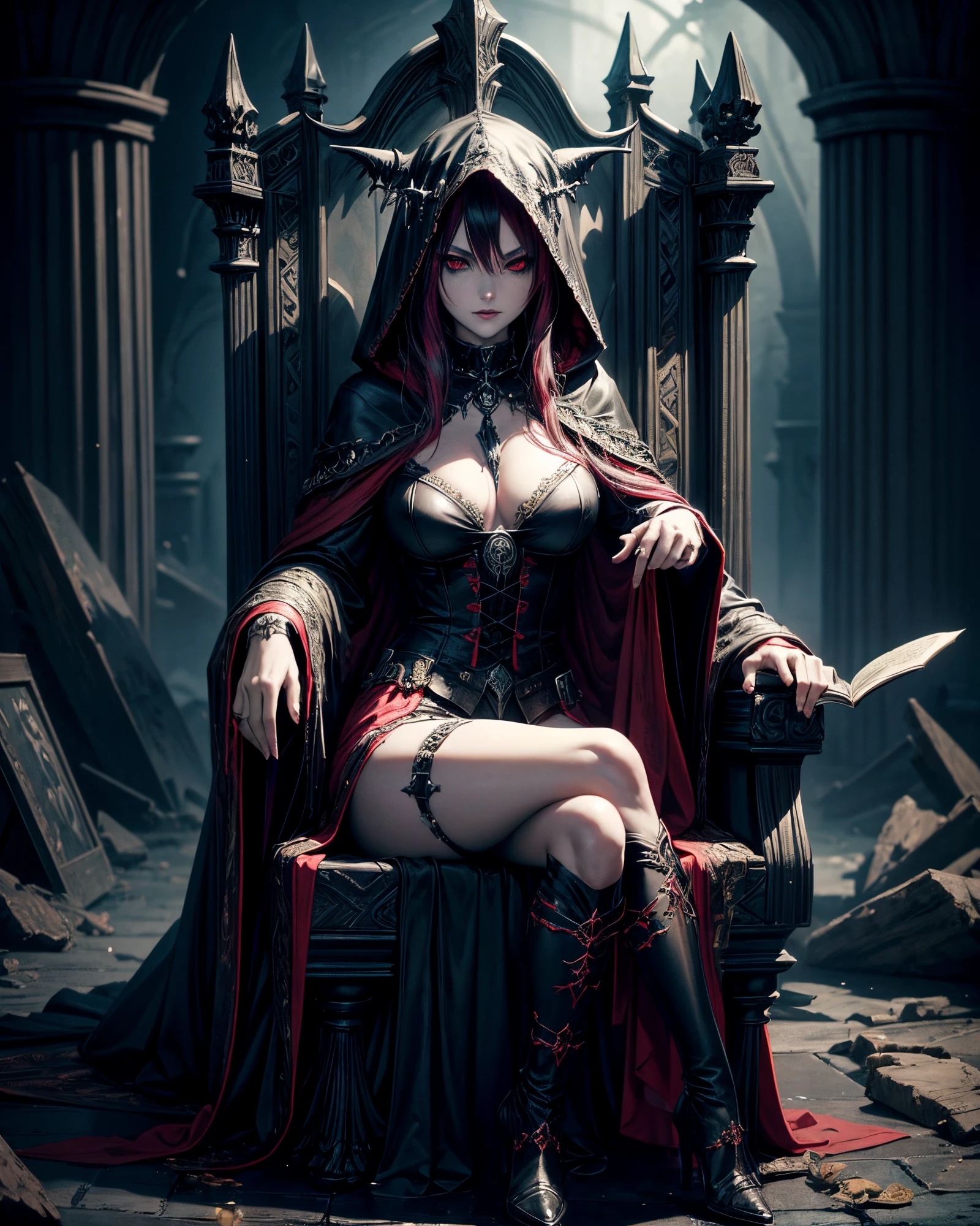 (best quality), (masterpiece), (high resolution), [:intricate details:], (detailed background) a hooded sex vampire woman sitting on a throne with skulls around her, she has red eyes,her outfit has red color, her skin is white like a vampire, dark fantasy art, vampire queen, gothic fantasy art, dark sorceress, abaddon and magali villeneuve, dark fantasy style art, epic fantasy art style hd, evil sorceress, necromancer sorceress, dark fantasy art, beautiful necromancer, (sage aura effect around the throne)