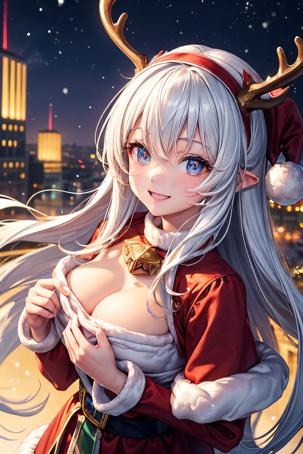 of the highest quality, High resolution, The perfect human structure, Human focus, Front view, Glowing hair, Glowing eyes, look up at viewer, Top angle, Medium chest, Happy smile, santa costume, city, Snow, reindeer, Gradient Eyes, swept bangs,