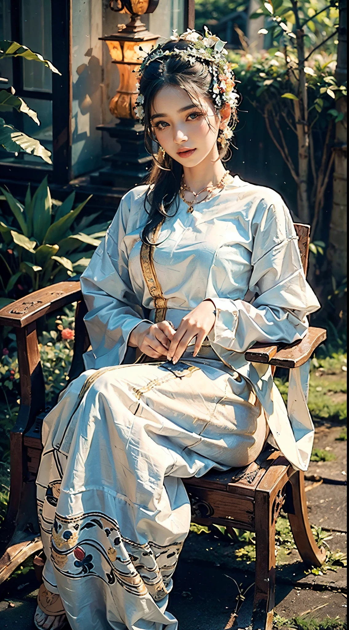 (best quality,4k,8k,highres,masterpiece:1.2),ultra-detailed,(realistic,photorealistic,photo-realistic:1.37),traditional dress,beautiful detailed green eyes,beautiful detailed lips,extremely detailed green eyes and face,long eyelashes,Burmese patterned dress, 1woman,graceful posture,bright smile,elaborate jewelry,golden threads,flowing silk,rich colors,silk patterns,delicate embroidery,meticulous craftsmanship,traditional headdress,decorative accessories,authentic cultural representation,stunning background,picturesque garden setting,lush greenery,colorful flowers,serene environment,sunlight filtering through the trees,subtle shadows,ethereal atmosphere