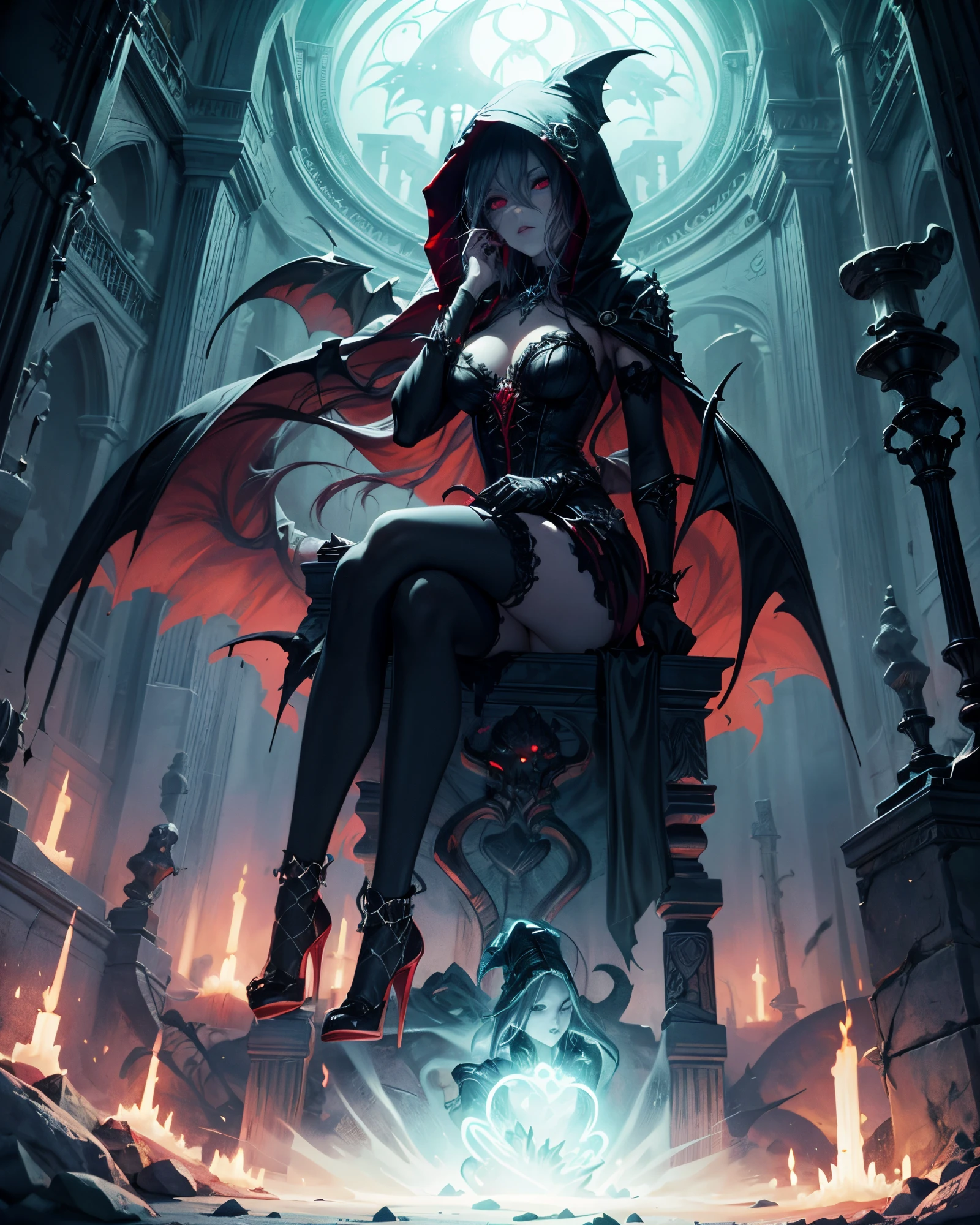 (best quality), (masterpiece), (high resolution), [:intricate details:], (detailed background) a hooded sex vampire woman sitting on a throne with skulls around her, she has red eyes,her outfit has red color, her skin is white like a vampire, dark fantasy art, vampire queen, gothic fantasy art, dark sorceress, abaddon and magali villeneuve, dark fantasy style art, epic fantasy art style hd, evil sorceress, necromancer sorceress, dark fantasy art, beautiful necromancer, (sage aura effect around the throne)