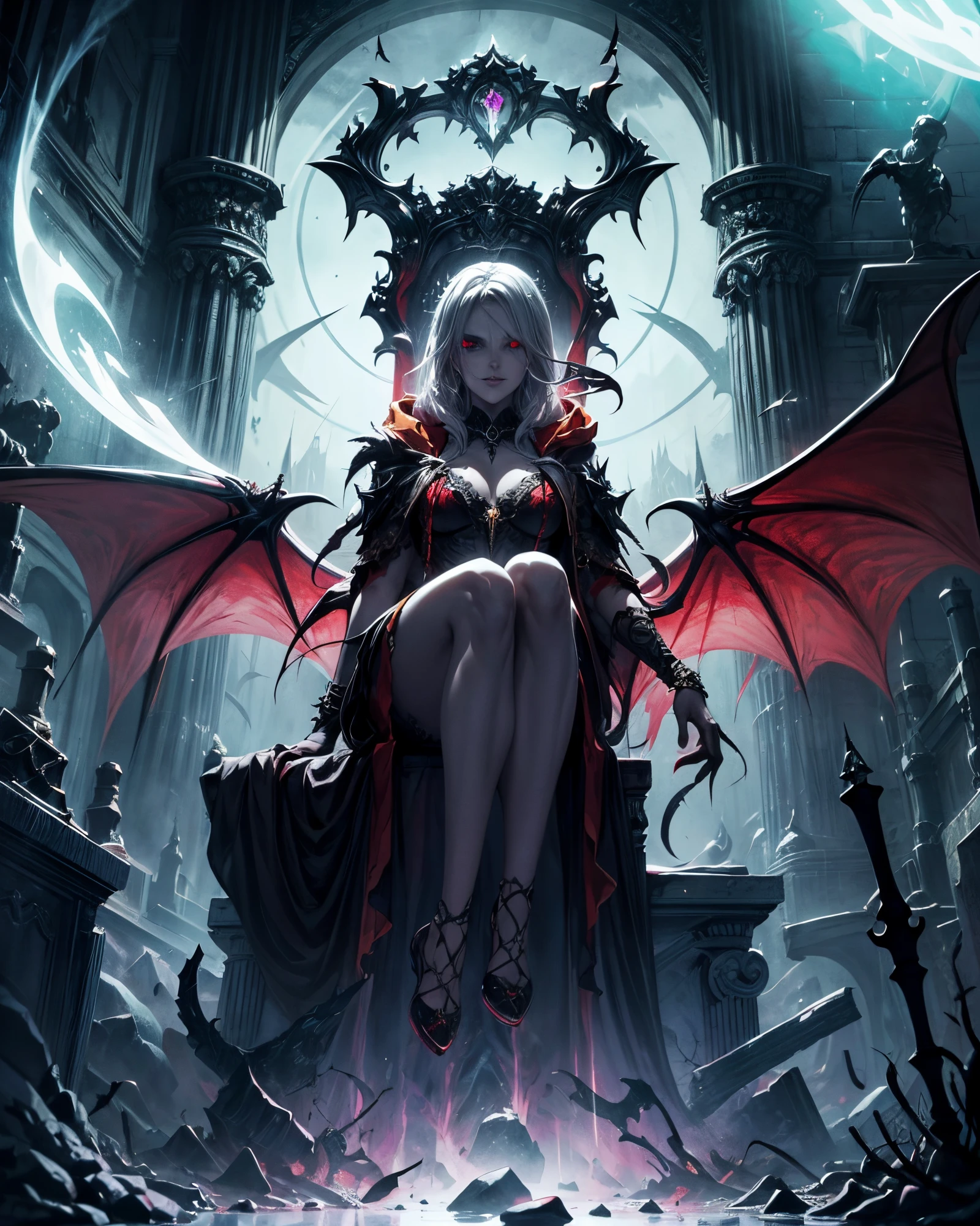 (best quality), (masterpiece), (high resolution), [:intricate details:], (detailed background) a hooded sex vampire woman sitting on a throne with skulls around her, she has red eyes,her outfit has red color, her skin is white like a vampire, dark fantasy art, vampire queen, gothic fantasy art, dark sorceress, abaddon and magali villeneuve, dark fantasy style art, epic fantasy art style hd, evil sorceress, necromancer sorceress, dark fantasy art, beautiful necromancer, (sage aura effect around the throne)