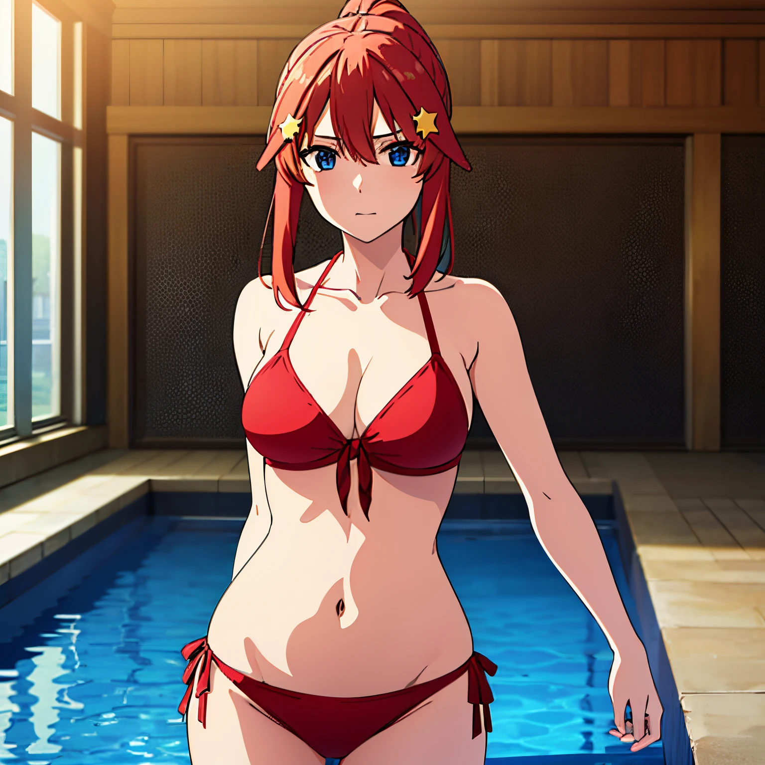 1 girl, alone, itsuki nakano, ponytail, bangs, blue eyes, hair between eyes, ahoge, red hair, star \(symbol\), hair ornament, star hair ornament, navel, clavicle, costume bathing, bikini, red panties, side tie, halter neck, red bikini, indoor, pool, swimming pool, looking at viewer, (cowboy photo), (masterpiece), best quality, high resolution, unity 8k wallpaper, ( illustration), (beautiful detailed eyes), extremely detailed face, perfect lighting, extremely detailed CG (perfect hands, perfect anatomy), large breasts, medium waist, wide hips, wide thighs