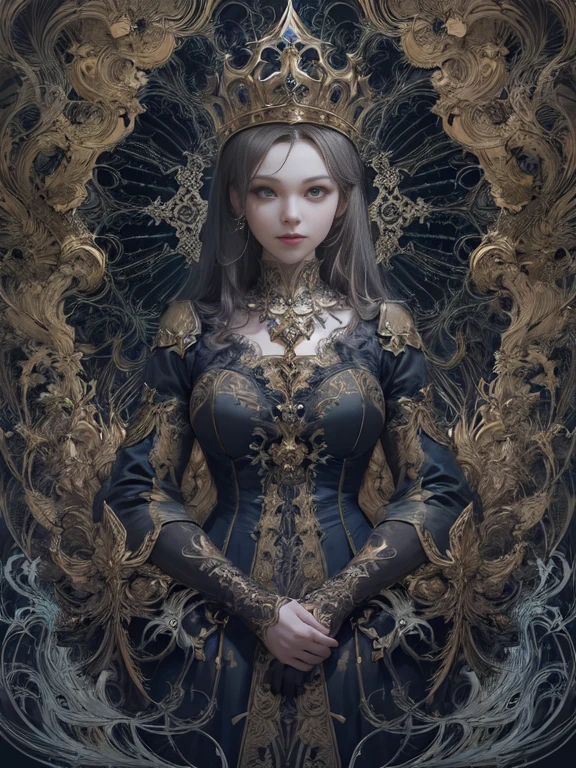 ultra - detailed, A high resolution, Beautiful Queen,(gothic clothing:1.2),1 plump girl, s fractal art,the complex background ,(An extremely delicate and beautiful work),with whole body visible, fully body photo, photore, tmasterpiece, top-quality, (((line art)))