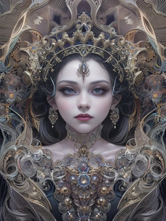 ultra - detailed, A high resolution, Beautiful Queen,(gothic clothing:1.2),1 plump girl, s fractal art，the complex background ，（An extremely delicate and beautiful work），with whole body visible, fully body photo, photore, tmasterpiece, top-quality, (((line art)))