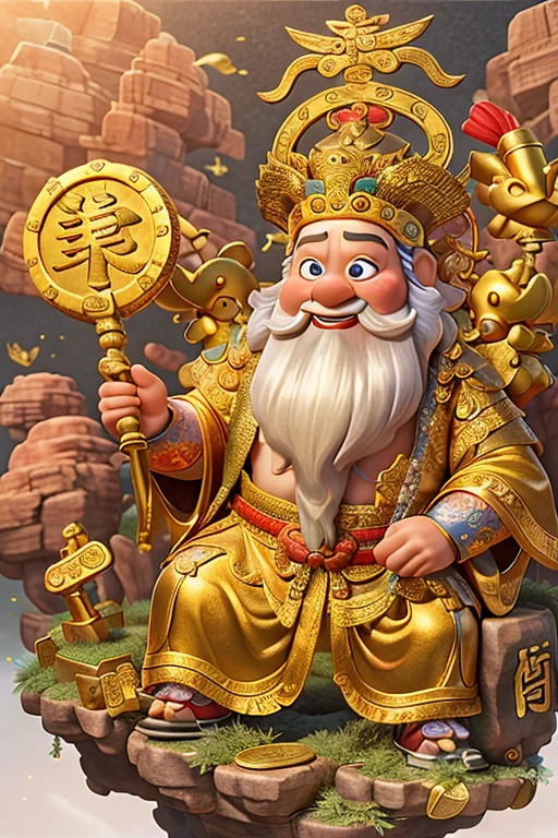 tmasterpiece,Best quality,The god of wealth in Chinese mythology,(A lovely God of Wealth),riding an electromobile: 1.2,Holding gold ingot in hand,clean backdrop,Background full of treasures