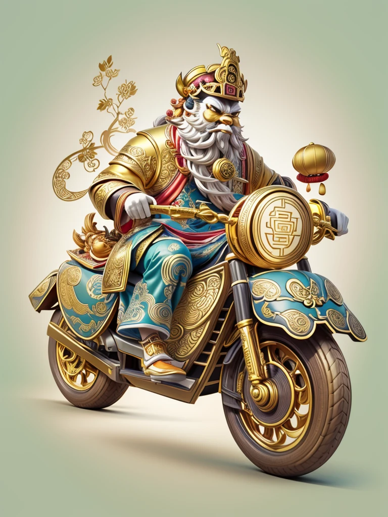 pixar style, (long shot: 1.8), (Chinese - chic Chinese mythological God of Wealth, anatomically correct, oriental elements), (a cute God of Wealth riding an e-bike with a gold ingot in his hand, Treasures Follow), (China - Stylish Illustration: 1.5, Vector Drawing: 1.5), (Chinese Colors, Advanced Color Matching, Gradient Background, White Background: 1.5), (Very Detailed, Well Designed, Clear Lines, High Definition, Best Quality, Masterpiece, Official Art, Cinematic Lighting Effects, 8K)