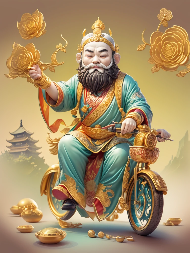 pixar style, (long shot: 1.8), (Chinese - chic Chinese mythological God of Wealth, anatomically correct, oriental elements), (a cute God of Wealth riding an e-bike with a gold ingot in his hand, Treasures Follow), (China - Stylish Illustration: 1.5, Vector Drawing: 1.5), (Chinese Colors, Advanced Color Matching, Gradient Background, White Background: 1.5), (Very Detailed, Well Designed, Clear Lines, High Definition, Best Quality, Masterpiece, Official Art, Cinematic Lighting Effects, 8K)
