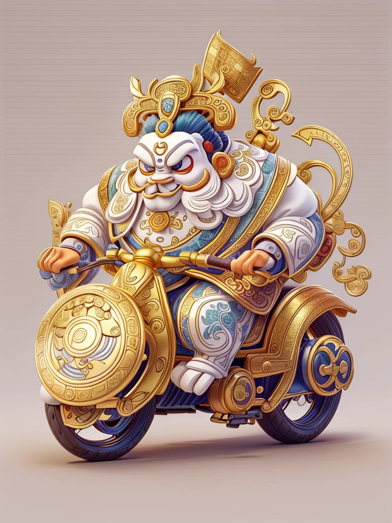pixar style, (long shot: 1.8), (Chinese - chic Chinese mythological God of Wealth, anatomically correct, oriental elements), (a cute God of Wealth riding an e-bike with a gold ingot in his hand, Treasures Follow), (China - Stylish Illustration: 1.5, Vector Drawing: 1.5), (Chinese Colors, Advanced Color Matching, Gradient Background, White Background: 1.5), (Very Detailed, Well Designed, Clear Lines, High Definition, Best Quality, Masterpiece, Official Art, Cinematic Lighting Effects, 8K)