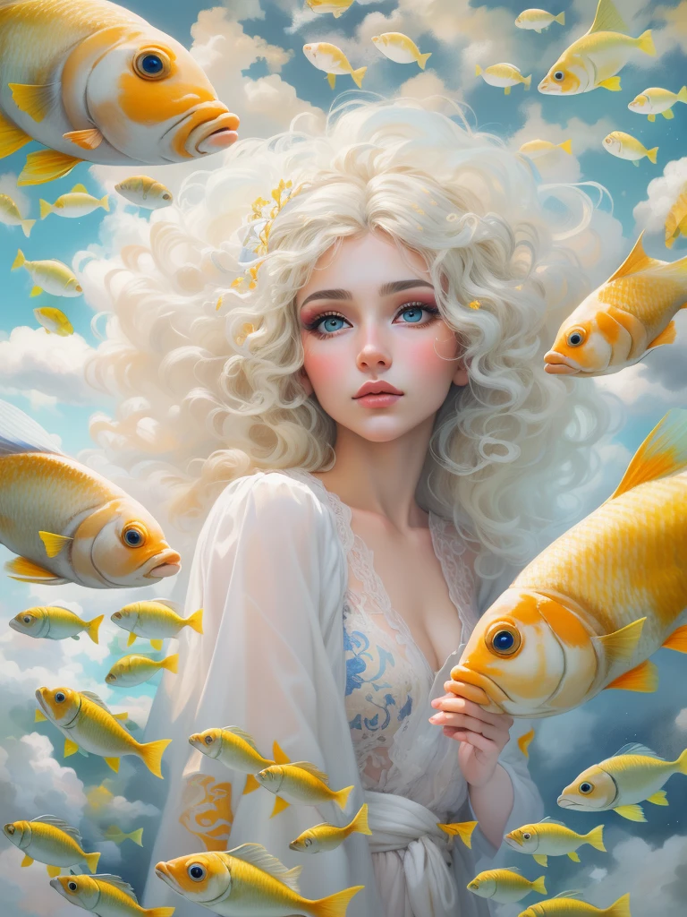 (most realistic, 4k, highres, masterpiece:1.2), oil paint, fantasy art:1.37, sky with fluffy clouds:1.37, (sad cloud goddess:1.37, bright eyes, light-colored hair, elaborate makeup, glowing skin, sheer clothing, surrounded by a school of fish:1.37), backlit, Gustav Klimt-style artwork, whimsical art style, in a white cloud paradise, beautiful fantasy art portrait
