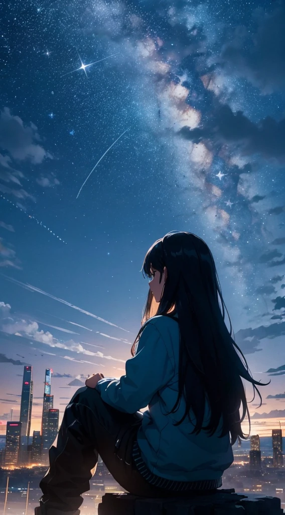 octans, sky, star (sky), scenery, starry sky, night, 1girl, night sky, solo, outdoors, building, cloud, milky way, sitting, tree, long hair, city, silhouette, cityscape