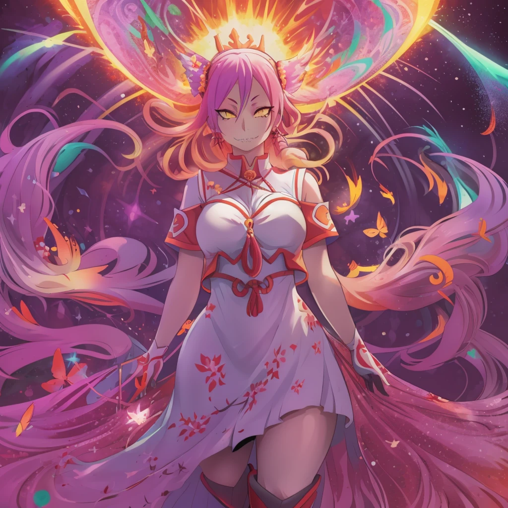 1girl, solo, looking at viewer, cowboy shot, hand arms full body,boots, standing,cute,breast, curvy, female,fantasy goddess,there is a cartoon picture of a woman with a very large breast, glowing divine being, glowing holy aura, inspired by Luma Rouge, the non-binary deity of spring, ethereal rainbow nimbus, the butterfly goddess of fire, inspired by Mariel, glowing aura around her, astral wind, as the goddess of the saturn, “uwu the prismatic person, big breast, serious, beautiful eyes, , full body, walking, long robe, long dress, ,priestess ,holy, smile, god rays, ray tracing, sparkle, cinematic lighting, UHD, retina, masterpiece, ccurate, anatomically correct, textured skin, super detail, high details, high quality, award winning, best quality, highres, 1080P, HD, 4K, thunder aura, light aura,full, snak staff,closed mouth #re:creators #maggane chikujoin: chikujoin magane sharp teeth single braid school uniform serafuku pleated skirt thighhighs gloves earrings Version No.:, long skirt, sharpteeth smile, pullover,tunic, standing, posing