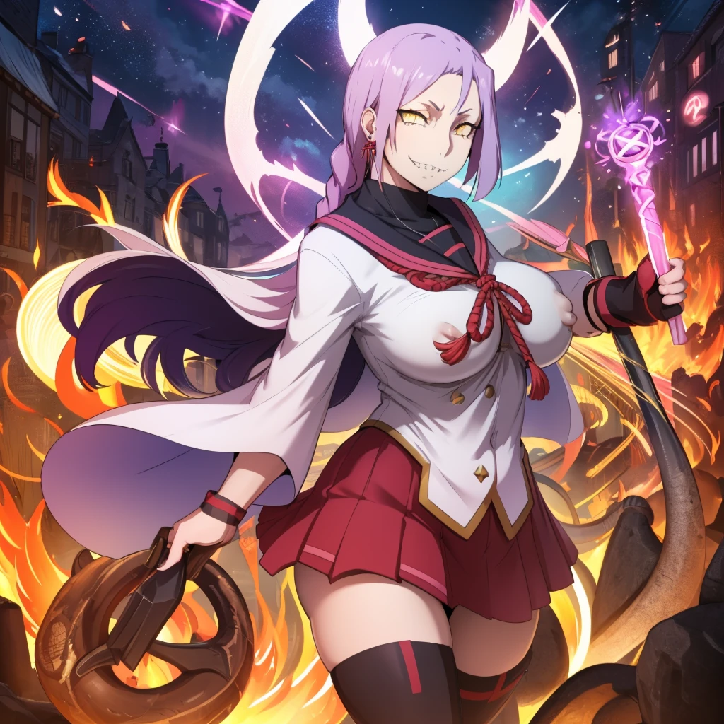 1girl, solo, looking at viewer, cowboy shot, hand arms full body,boots, standing,cute,breast, curvy, female,fantasy goddess,there is a cartoon picture of a woman with a very large breast, glowing divine being, glowing holy aura, inspired by Luma Rouge, the non-binary deity of spring, ethereal rainbow nimbus, the butterfly goddess of fire, inspired by Mariel, glowing aura around her, astral wind, as the goddess of the saturn, “uwu the prismatic person, big breast, serious, beautiful eyes, , full body, walking, long robe, long dress, ,priestess ,holy, smile, god rays, ray tracing, sparkle, cinematic lighting, UHD, retina, masterpiece, ccurate, anatomically correct, textured skin, super detail, high details, high quality, award winning, best quality, highres, 1080P, HD, 4K, thunder aura, light aura,full, snak staff,closed mouth #re:creators #maggane chikujoin: chikujoin magane sharp teeth single braid school uniform serafuku pleated skirt thighhighs gloves earrings Version No.:, long skirt, sharpteeth smile, pullover,tunic, standing, posing