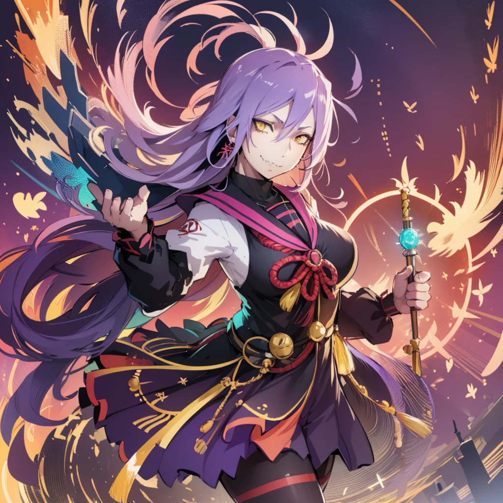 1girl, solo, looking at viewer, cowboy shot, hand arms full body,boots, standing,cute,breast, curvy, female,fantasy goddess,there is a cartoon picture of a woman with a very large breast, glowing divine being, glowing holy aura, inspired by Luma Rouge, the non-binary deity of spring, ethereal rainbow nimbus, the butterfly goddess of fire, inspired by Mariel, glowing aura around her, astral wind, as the goddess of the saturn, “uwu the prismatic person, big breast, serious, beautiful eyes, , full body, walking, long robe, long dress, ,priestess ,holy, smile, god rays, ray tracing, sparkle, cinematic lighting, UHD, retina, masterpiece, ccurate, anatomically correct, textured skin, super detail, high details, high quality, award winning, best quality, highres, 1080P, HD, 4K, thunder aura, light aura,full, snak staff,closed mouth #re:creators #maggane chikujoin: chikujoin magane sharp teeth single braid school uniform serafuku pleated skirt thighhighs gloves earrings Version No.:, long skirt, sharpteeth smile, pullover,tunic, standing, posing