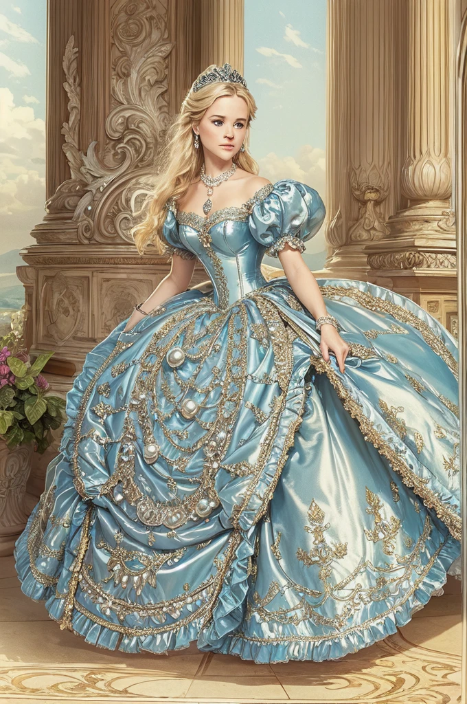 John Tenniel Art, a stunningly beautiful young blonde Reese Witherspoon reaches the Eighth Square and Becomes Queen of Looking-Glass Land, wearing A Stately and Elaborate Royal Cinderella Court Gown of silver damask, with (((enormous puffed sleeves))), an hourglass waist, and a (((huge crinoline hoopskirt))) adorned with bows, poufs, ruffles, frills, lace, embroidery, and jewels, long white gloves, pearl necklace and earrings