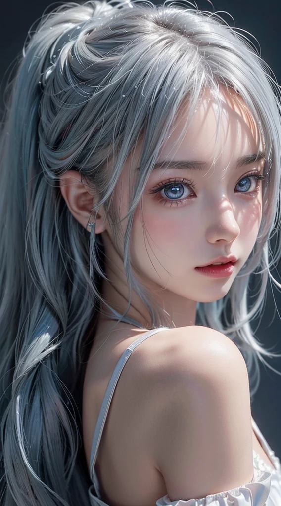 top-quality、8K Masterpiece、超A high resolution、(Photorealsitic:1.3)、Raw photo、女の子1人、silver white hair、poneyTail、glowy skin、1 super beautiful college girl、((super realistic details))、portlate、globalillumination、Shadow、octan render、in 8K、ultrasharp、highly intricate detail、Realistic light、CGSoation Trends、Beautiful eyes、radiant eyes、Facing the camera、