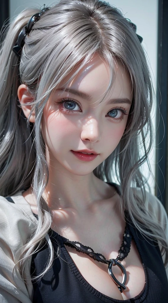top-quality、8K Masterpiece、超A high resolution、(Photorealsitic:1.3)、Raw photo、女の子1人、silver white hair、poneyTail、glowy skin、1 super beautiful college girl、((super realistic details))、portlate、globalillumination、Shadow、octan render、in 8K、ultrasharp、highly intricate detail、Realistic light、CGSoation Trends、Beautiful eyes、radiant eyes、Facing the camera、