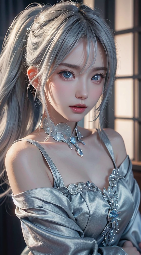 top-quality、8K Masterpiece、超A high resolution、(Photorealsitic:1.3)、Raw photo、***1人、silver white hair、poneyTail、glowy skin、1 super beautiful college girl、((super realistic details))、portlate、globalillumination、Shadow、octan render、in 8K、ultrasharp、highly intricate detail、Realistic light、CGSoation Trends、Beautiful eyes、radiant eyes、Facing the camera、