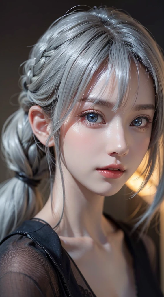 top-quality、8K Masterpiece、超A high resolution、(Photorealsitic:1.3)、Raw photo、女の子1人、silver white hair、poneyTail、glowy skin、1 super beautiful college girl、((super realistic details))、portlate、globalillumination、Shadow、octan render、in 8K、ultrasharp、highly intricate detail、Realistic light、CGSoation Trends、Beautiful eyes、radiant eyes、Facing the camera、