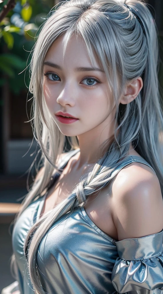 (high quality photograph), hight resolution, 1080p, (clearface), (Detailed face description), (Detailed hand description),(8K, Raw foto, top-quality, masterpiece: 1.2), extreme light and shadows, dishevled hair, lush detail, (Fine facial features), (masterpiece), (A detailed eye), Look in front of you,randome pose, mix4, (realisitic: 1.37), girl with, cute little, fine clavicle, middlebreast, gradient brunet, white hair, short curls, a handsome, girl with, White jersey, A city scape, natta, Sateen, wetty, profetional lighting, photon maping, Radio City,