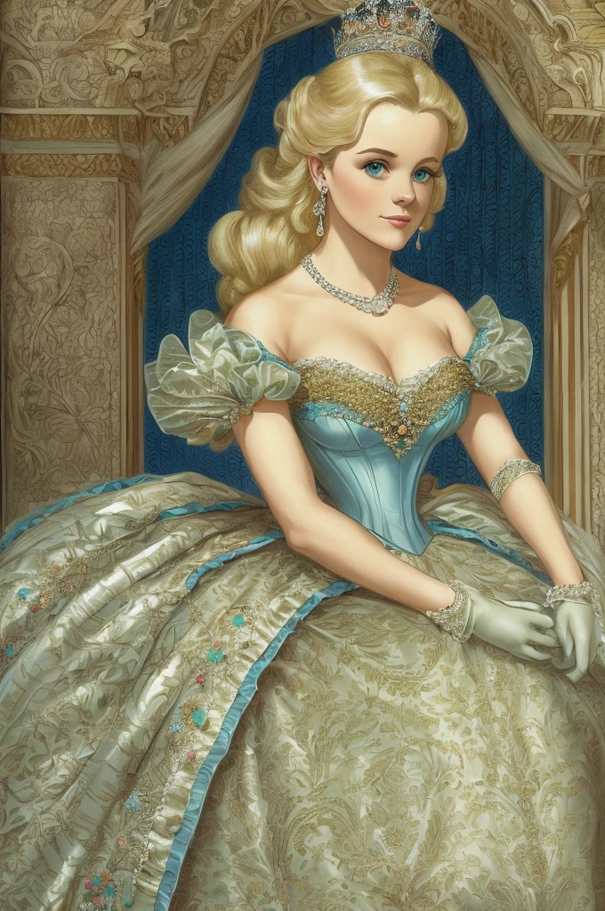 John Tenniel Art, a stunningly beautiful young blonde Reese Witherspoon reaches the Eighth Square and Becomes Queen of Looking-Glass Land, wearing A Stately and Elaborate Royal Cinderella Court Gown of silver damask, with (((enormous puffed sleeves))), an hourglass waist, and a (((huge crinoline hoopskirt))) adorned with bows, poufs, ruffles, frills, lace, embroidery, and jewels, long white gloves, pearl necklace and earrings