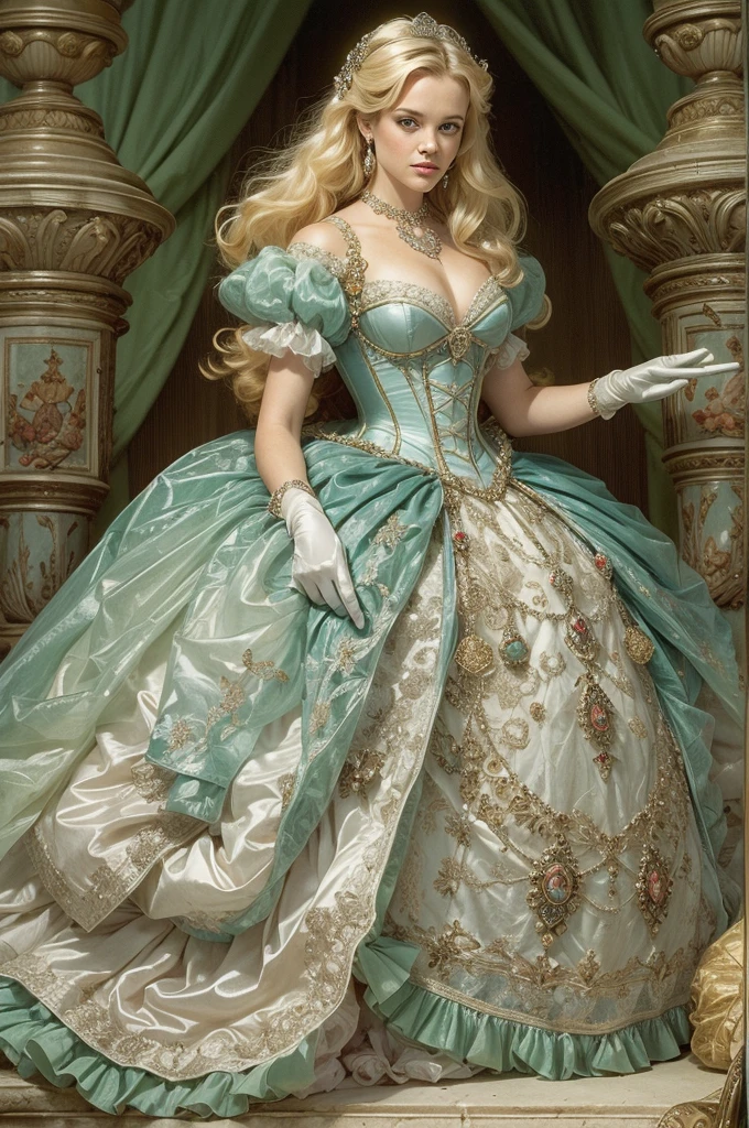 John Tenniel Art, a stunningly beautiful young blonde Reese Witherspoon reaches the Eighth Square and Becomes Queen of Looking-Glass Land, wearing A Stately and Elaborate Royal Cinderella Court Gown of silver damask, with (((enormous puffed sleeves))), an hourglass waist, and a (((huge crinoline hoopskirt))) adorned with bows, poufs, ruffles, frills, lace, embroidery, and jewels, long white gloves, pearl necklace and earrings
