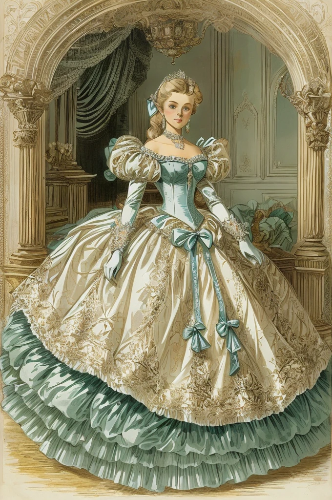 John Tenniel Art, a stunningly beautiful young blonde Reese Witherspoon reaches the Eighth Square and Becomes Queen of Looking-Glass Land, wearing A Stately and Elaborate Royal Cinderella Court Gown of silver damask  adorned with (((bows))), poufs, ruffles, frills, lace, (((embroidery))), and jewels,, with (((enormous puffed sleeves))), an hourglass waist, and a (((huge crinoline hoopskirt))) long white gloves, pearl necklace and earrings