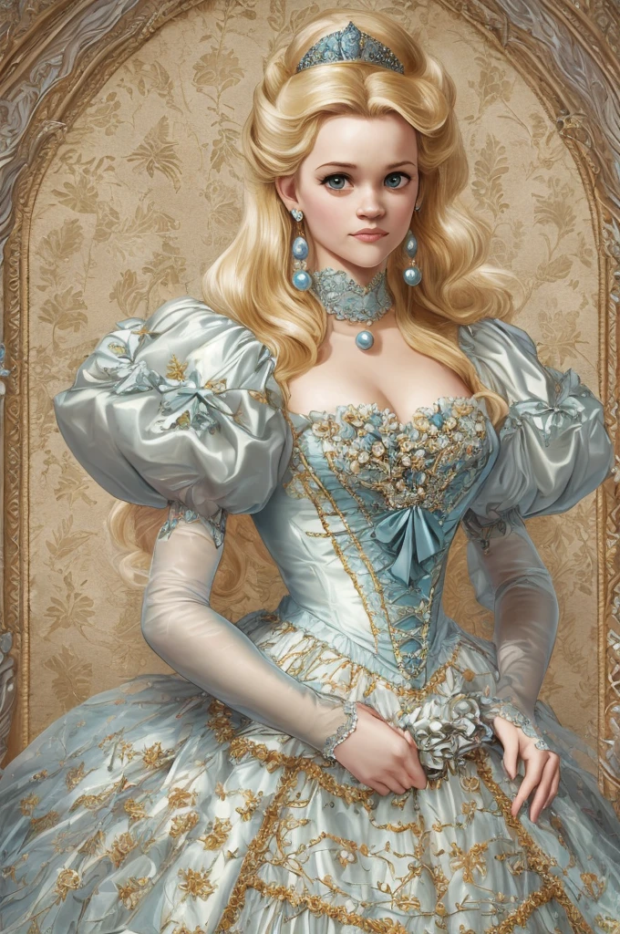 John Tenniel Art, a stunningly beautiful young blonde Reese Witherspoon reaches the Eighth Square and Becomes Queen of Looking-Glass Land, wearing A Stately and Elaborate Royal Victorian Court Gown of silver damask  adorned with (((bows))), poufs, ruffles, frills, lace, (((embroidery))), and jewels,, with (((enormous puffed sleeves))), an hourglass waist, and a (((huge crinoline hoopskirt))) long white gloves, pearl necklace and earrings