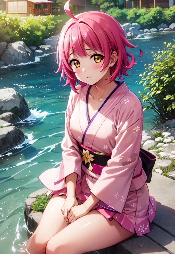 1girl, solo, tennouji rina, short hair, pink hair, ahoge, blush, looking at viewer, expressionless, small breasts, perfect face,top-quality, ultra-quality,e, solo, kimono sitting on river