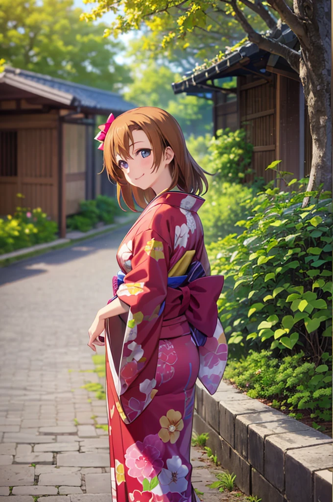 (((pixel-perfect, detail-perfect))), solo, 1girl, honoka kousaka, s, looking at viewer, smile,,kinono, long kimono, cherry tree background, full body shot