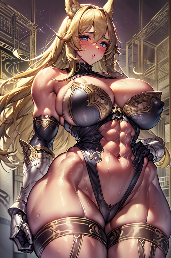 (masterpiece:1.2), (best quality:1.2), perfect eyes, perfect face, perfect lighting, 1girl, mature female ,paladin, blonde,muscular,abs,sweat,steam,horse ears, fantasy, detailed background, thickness curves voluptuous, (wide hips:1.3), (big buttocks:1.3), (thick thighs:1.3), (small waist:1.3), (gigantic breasts:1.3)