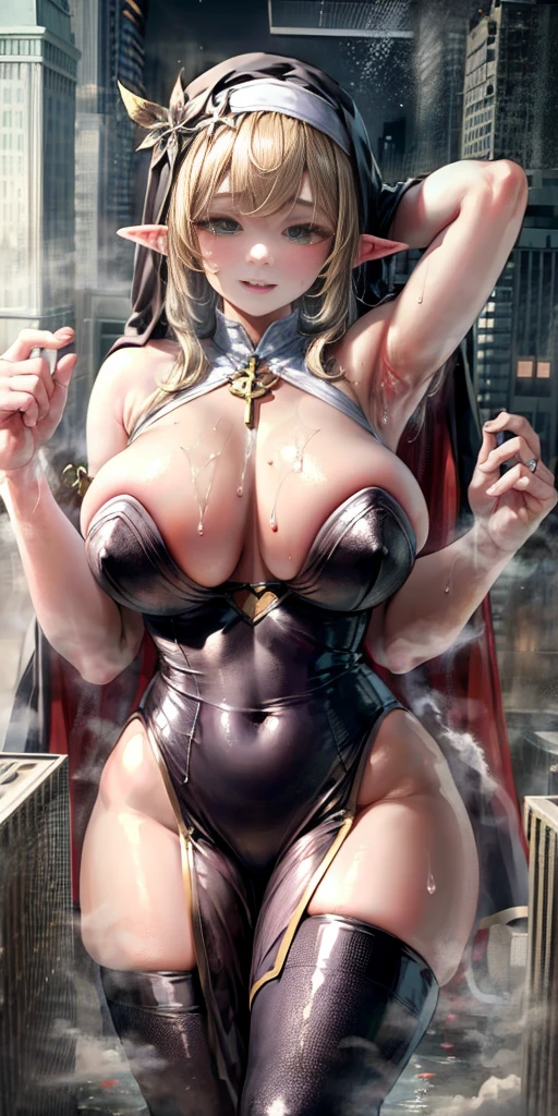 Standing, big breasts, plump, pretty face, thick body, blonde hair, big eyes, smile, exposed armpits, masterpiece, super mass, 4k quality, high detail, elf mother, black nun bandana, lace skirt, cleavage, white tights, sweaty, wet clothes, see-through, wet shirt, see-through top, ill-fitting clothes, torn clothes, breasts larger than the torso, huge breasts, crazy swollen breasts, beautiful young princess nun, super big breasts, breasts larger than the body, huge breasts, very large breasts, translucent black slim nun dress, delicate face, elf ears, sexy body, seductive eyes