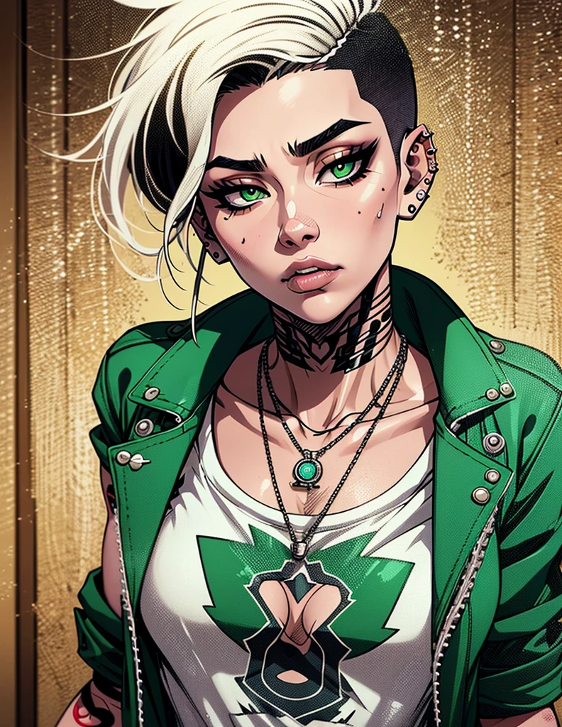 light-skinned half-asian goth girl, green eyes, short spiky punk rock haircut with one side shaved, ear piercings, tattoos, heavy eyeliner, metal chain necklace, studs, dirty jean jacket, patches, torn white half t-shirt, cigarettes, pensive expression, looking away from viewer, detailed beautiful eyes, mouth closed