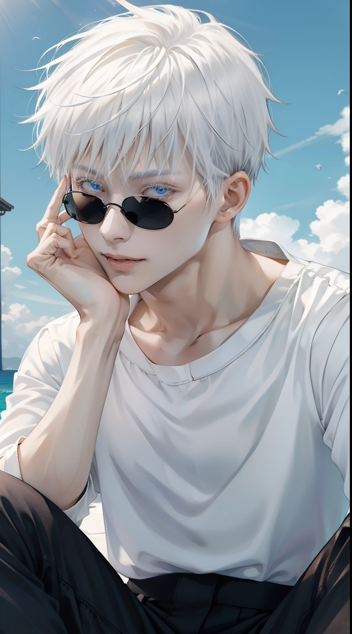 (masterpiece, best quality:1.2), (hyperdetailed face), (Super well-formed face), close up, face focus, solo, male focus, 1boy, gojo satoru, 18-years-old, slim body, white hair, blue eyes, crystal clear eyes, beautiful pupils, beautiful detailed eyes, smiling, white teeth, long white eyelashes, black shirt, long sleeves, black pants, wearing sunglasses, looking at viewer, beautiful blue sky, summer sky
