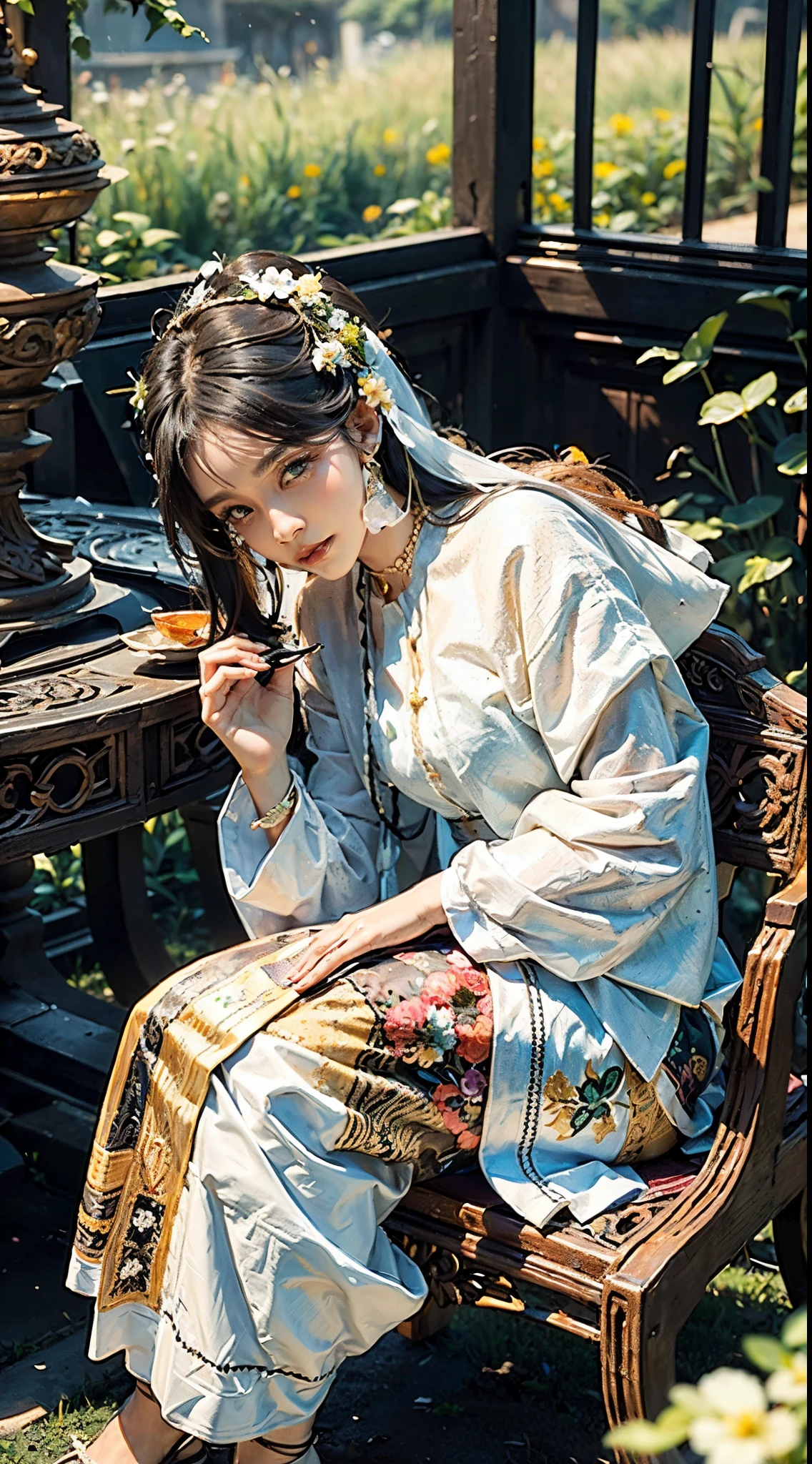 (best quality,4k,8k,highres,masterpiece:1.2),ultra-detailed,(realistic,photorealistic,photo-realistic:1.37),traditional dress,beautiful detailed green eyes,beautiful detailed lips,extremely detailed green eyes and face,long eyelashes,Burmese patterned dress, 1woman,graceful posture,bright smile,elaborate jewelry,golden threads,flowing silk,rich colors,silk patterns,delicate embroidery,meticulous craftsmanship,traditional headdress,decorative accessories,authentic cultural representation,stunning background,picturesque garden setting,lush greenery,colorful flowers,serene environment,sunlight filtering through the trees,subtle shadows,ethereal atmosphere