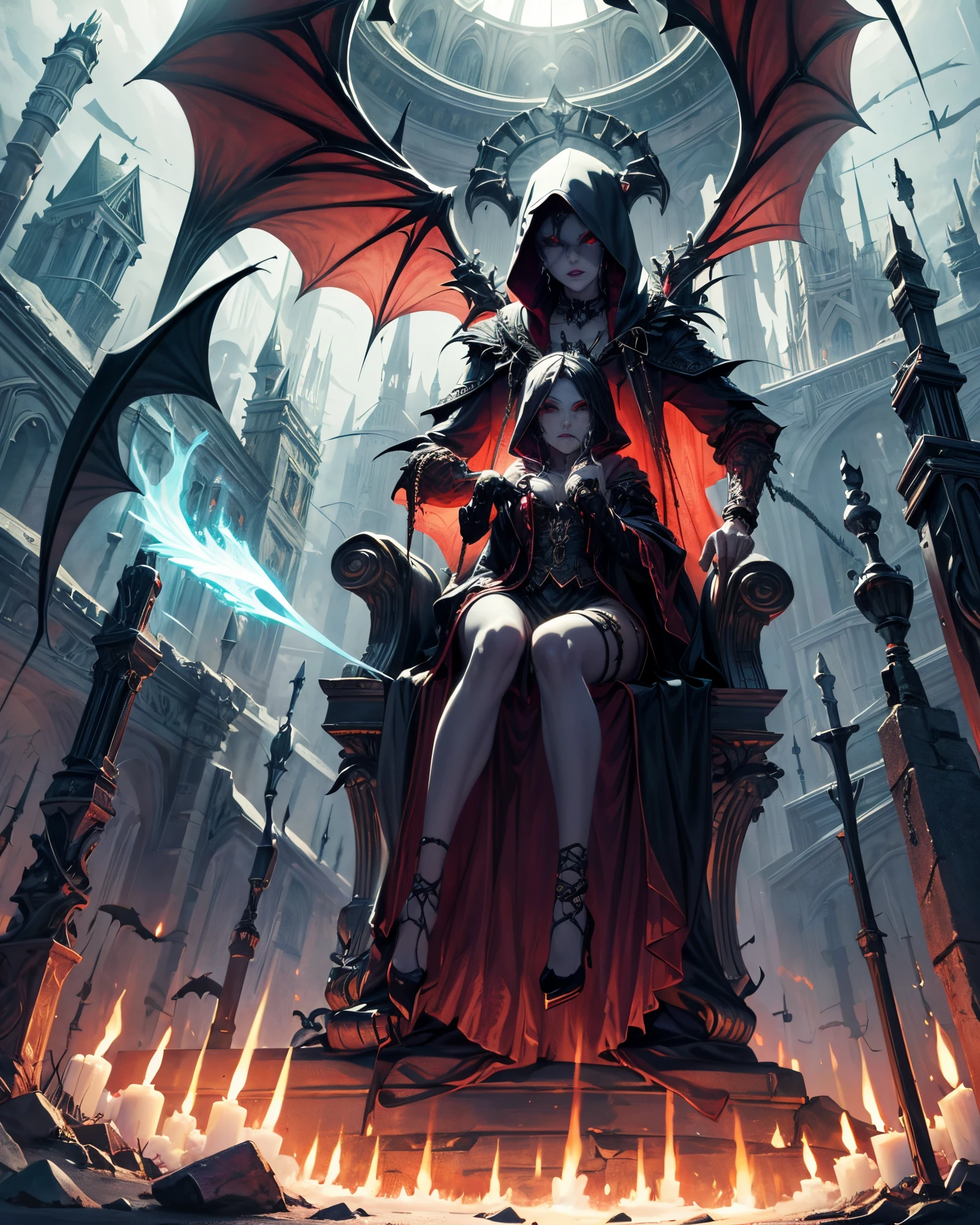 (best quality), (masterpiece), (high resolution), [:intricate details:], (detailed background) a hooded sex vampire woman sitting on a throne with skulls around her, she has red eyes,her outfit has red color, her skin is white like a vampire, dark fantasy art, vampire queen, gothic fantasy art, dark sorceress, abaddon and magali villeneuve, dark fantasy style art, epic fantasy art style hd, evil sorceress, necromancer sorceress, dark fantasy art, beautiful necromancer, (sage aura effect around the throne)